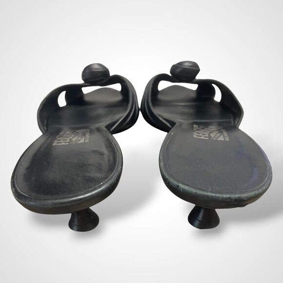 Salvatore Ferragamo Women Black Mule Sandals Sz 7.5 Peep Toe Kitten Heel Leather - Picture 10 of 10